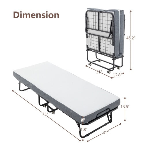 Folding Bed With Mattress, SPortable Foldable Bed With Storage Cover, SRollaway Bed For Adults With Memory Foam Mattress And Metal Frame, SCot Size Guest Bed On Wheels