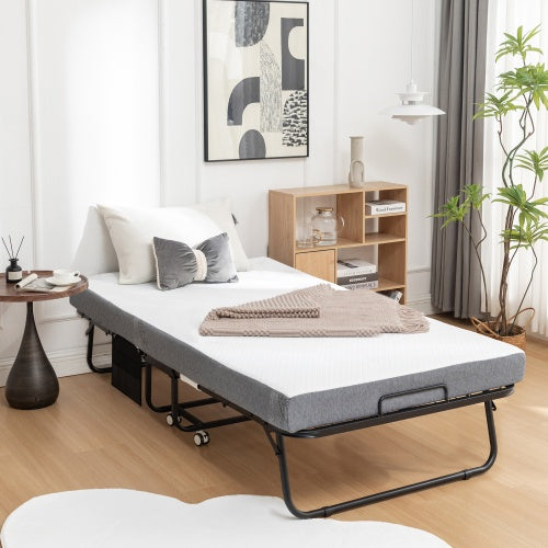 Folding Bed With Mattress, SPortable Foldable Bed With Storage Cover, SRollaway Bed For Adults With Memory Foam Mattress And Metal Frame, SCot Size Guest Bed On Wheels