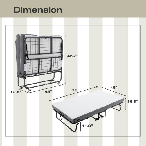 Folding Bed With Mattress, SPortable Foldable Bed With Storage Cover, SRollaway Bed For Adults With Memory Foam Mattress And Metal Frame, SCot Size Guest Bed On Wheels