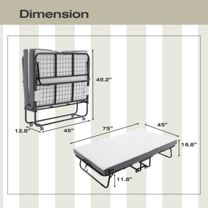 Folding Bed With Mattress, SPortable Foldable Bed With Storage Cover, SRollaway Bed For Adults With Memory Foam Mattress And Metal Frame, SCot Size Guest Bed On Wheels