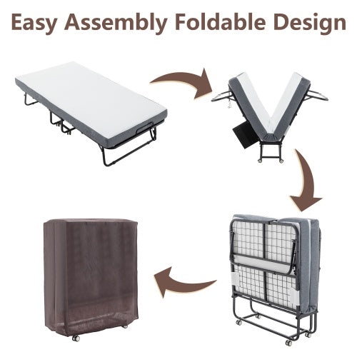 Folding Bed With Mattress, SPortable Foldable Bed With Storage Cover, SRollaway Bed For Adults With Memory Foam Mattress And Metal Frame, SCot Size Guest Bed On Wheels
