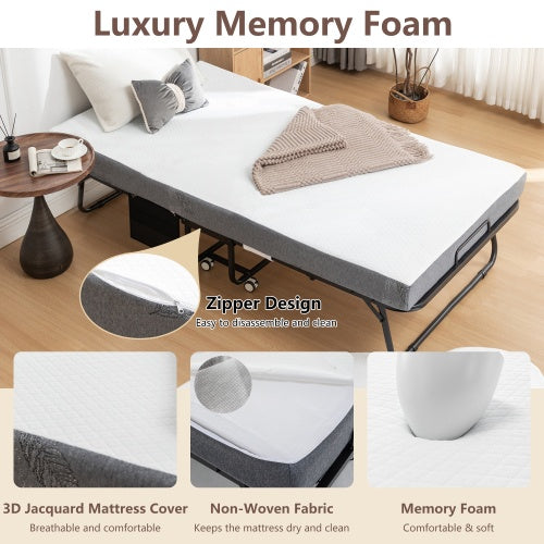 Folding Bed With Mattress, SPortable Foldable Bed With Storage Cover, SRollaway Bed For Adults With Memory Foam Mattress And Metal Frame, SCot Size Guest Bed On Wheels
