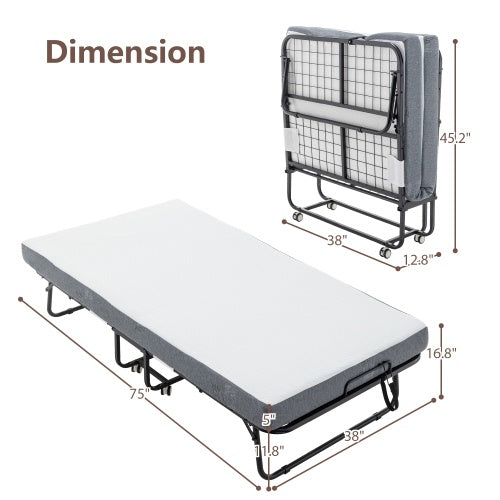Folding Bed With Mattress, SPortable Foldable Bed With Storage Cover, SRollaway Bed For Adults With Memory Foam Mattress And Metal Frame, SCot Size Guest Bed On Wheels